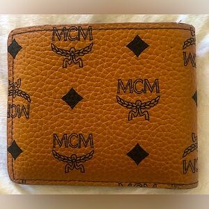 Authentic Visetos Leather Men’s MCM Bi-Fold Wallet; Monogram Print, Brown/Cognac